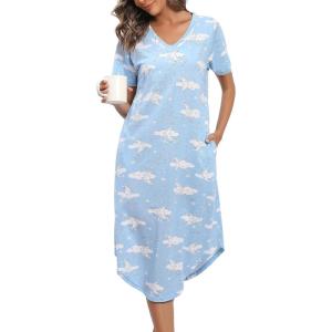 PNAEONG Women Short Sleeve Long Nightgown Soft Cotton Sleepwear Nightshirts Loungewear with Pockets(Cloud Moon)