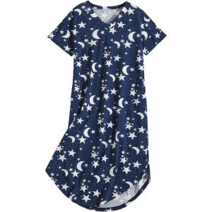 PNAEONG Women Short Sleeve Long Nightgown Soft Cotton Sleepwear Nightshirts Loungewear with Pockets(Deep Night)