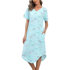 PNAEONG Women Short Sleeve Long Nightgown Soft Cotton Sleepwear Nightshirts Loungewear with Pockets(Dragonfly)