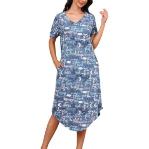 PNAEONG Women Short Sleeve Long Nightgown Soft Cotton Sleepwear Nightshirts Loungewear with Pockets(Good Night)