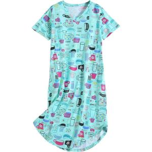 PNAEONG Women Short Sleeve Long Nightgown Soft Cotton Sleepwear Nightshirts Loungewear with Pockets(Green Cups)