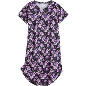 PNAEONG Women Short Sleeve Long Nightgown Soft Cotton Sleepwear Nightshirts Loungewear with Pockets(Midnight Purple Flower)