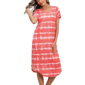 PNAEONG Women Short Sleeve Long Nightgown Soft Cotton Sleepwear Nightshirts Loungewear with Pockets(Orange Wave)