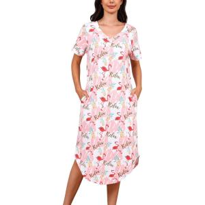 PNAEONG Women Short Sleeve Long Nightgown Soft Cotton Sleepwear Nightshirts Loungewear with Pockets(Pink Flamingo)