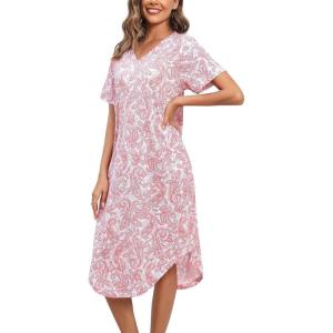 PNAEONG Women Short Sleeve Long Nightgown Soft Cotton Sleepwear Nightshirts Loungewear with Pockets(Pink Paisley)