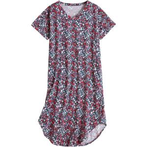 PNAEONG Women Short Sleeve Long Nightgown Soft Cotton Sleepwear Nightshirts Loungewear with Pockets(Red Little Flower)