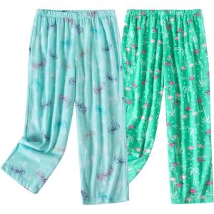 PNAEONG Women’s Capri Pajama Pants Lounge Causal Bottoms Fun Print Sleep Pants(Green Flamingo+dragonfly)