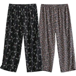 PNAEONG Women’s Capri Pajama Pants Lounge Causal Bottoms Fun Print Sleep Pants(Little Flower+black Cats)