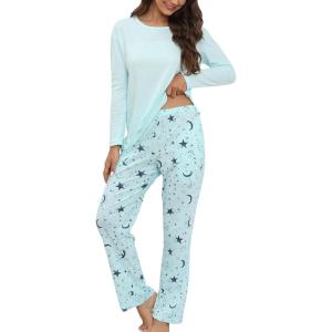 PNAEONG Women’s Cotton Long-Sleeve Tops and Full-Length Pajama Set Two-Piece Pjs with Pockets SY008(Blue Star)
