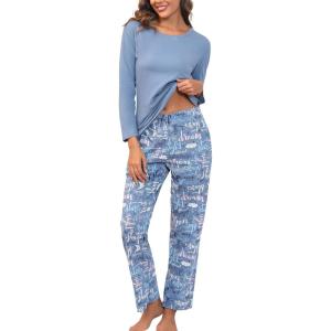 PNAEONG Women’s Cotton Long-Sleeve Tops and Full-Length Pajama Set Two-Piece Pjs with Pockets SY008(Good Night)