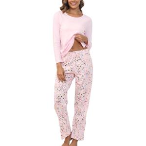 PNAEONG Women’s Cotton Long-Sleeve Tops and Full-Length Pajama Set Two-Piece Pjs with Pockets SY008(Pink)