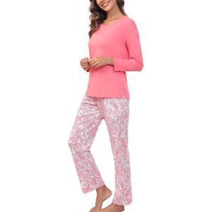 PNAEONG Women’s Cotton Long-Sleeve Tops and Full-Length Pajama Set Two-Piece Pjs with Pockets SY008(Pink Paisley)