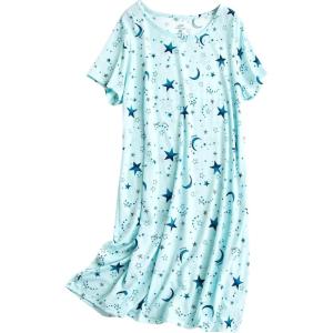 PNAEONG Women’s Cotton Nightgown Sleepwear Short Sleeves Shirt Casual Print Sleepdress(Blue Star)