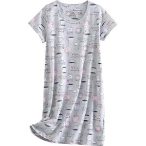 PNAEONG Women’s Cotton Nightgown Sleepwear Short Sleeves Shirt Casual Print Sleepdress(Coffee)