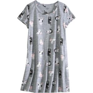 PNAEONG Women’s Cotton Nightgown Sleepwear Short Sleeves Shirt Casual Print Sleepdress(Lazy Cats)