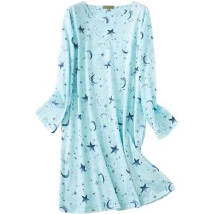 PNAEONG Women’s Cotton Sleepwear Long Sleeves Nightgown Print Tee Sleep Dress(Long Blue Star)