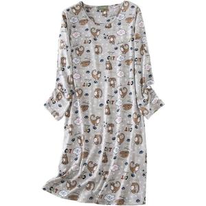 PNAEONG Women’s Cotton Sleepwear Long Sleeves Nightgown Print Tee Sleep Dress(Long Coffee Cat)