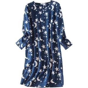 PNAEONG Women’s Cotton Sleepwear Long Sleeves Nightgown Print Tee Sleep Dress(Long Deep Night)