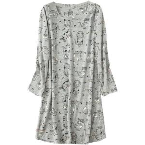 PNAEONG Women’s Cotton Sleepwear Long Sleeves Nightgown Print Tee Sleep Dress(Long Gray Cats)