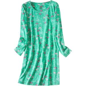 PNAEONG Women’s Cotton Sleepwear Long Sleeves Nightgown Print Tee Sleep Dress(Long Green Flamingo)