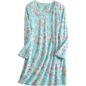 PNAEONG Women’s Cotton Sleepwear Long Sleeves Nightgown Print Tee Sleep Dress(Long Green Flower)