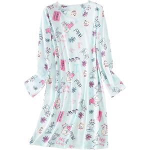 PNAEONG Women’s Cotton Sleepwear Long Sleeves Nightgown Print Tee Sleep Dress(Long Hello Cats)
