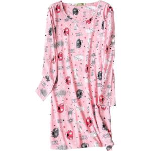 PNAEONG Women’s Cotton Sleepwear Long Sleeves Nightgown Print Tee Sleep Dress(Long Pink Cats)