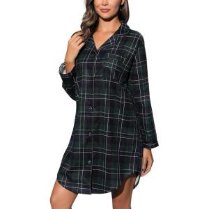 PNAEONG Women’s Flannel 100% Cotton Nightgown Button Down Boyfriend Nightshirt Mid-Long Style Sleepshirt Pajama Tops(Green)