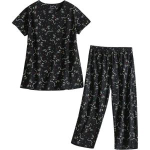 PNAEONG Women’s Pajama Set – Sleepwear Tops with Capri Pants Casual and Fun Prints Pajama Sets SY215-Purple-XL(Black Cats)
