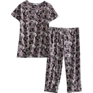 PNAEONG Women’s Pajama Set – Sleepwear Tops with Capri Pants Casual and Fun Prints Pajama Sets SY215-Purple-XL(Black Paisley)