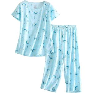PNAEONG Women’s Pajama Set – Sleepwear Tops with Capri Pants Casual and Fun Prints Pajama Sets SY215-Purple-XL(Blue Moon)