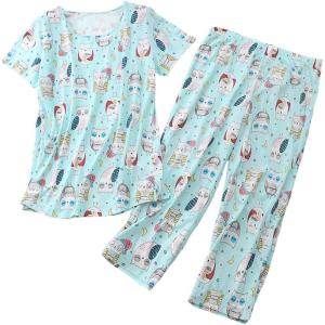 PNAEONG Women’s Pajama Set – Sleepwear Tops with Capri Pants Casual and Fun Prints Pajama Sets SY215-Purple-XL(Blue Owl)