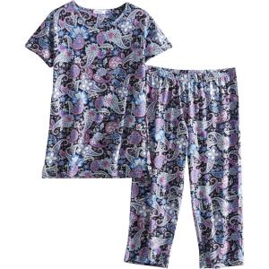 PNAEONG Women’s Pajama Set – Sleepwear Tops with Capri Pants Casual and Fun Prints Pajama Sets SY215-Purple-XL(Blue Paisley)