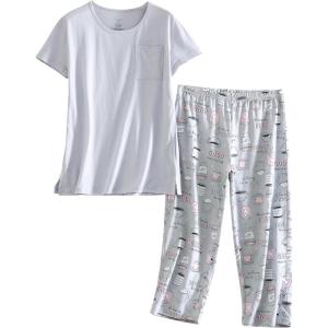 PNAEONG Women’s Pajama Set – Sleepwear Tops with Capri Pants Casual and Fun Prints Pajama Sets SY215-Purple-XL(C Coffee)