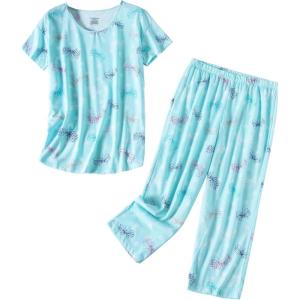 PNAEONG Women’s Pajama Set – Sleepwear Tops with Capri Pants Casual and Fun Prints Pajama Sets SY215-Purple-XL(Dragonfly)