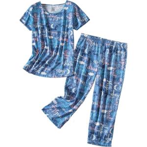 PNAEONG Women’s Pajama Set – Sleepwear Tops with Capri Pants Casual and Fun Prints Pajama Sets SY215-Purple-XL(Good Night)