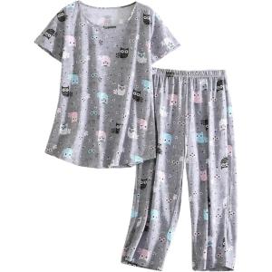 PNAEONG Women’s Pajama Set – Sleepwear Tops with Capri Pants Casual and Fun Prints Pajama Sets SY215-Purple-XL(Gray Owl)