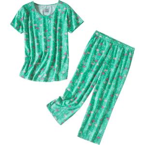 PNAEONG Women’s Pajama Set – Sleepwear Tops with Capri Pants Casual and Fun Prints Pajama Sets SY215-Purple-XL(Green Flamingo)