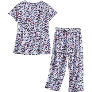 PNAEONG Women’s Pajama Set – Sleepwear Tops with Capri Pants Casual and Fun Prints Pajama Sets SY215-Purple-XL(Leopard)