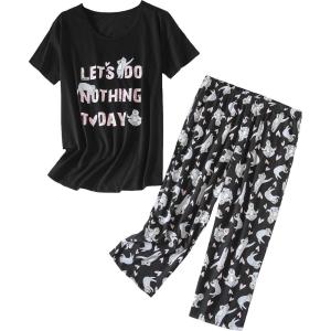PNAEONG Women’s Pajama Set – Sleepwear Tops with Capri Pants Casual and Fun Prints Pajama Sets SY215-Purple-XL(Let’s Do Nothing)
