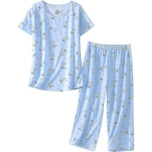 PNAEONG Women’s Pajama Set – Sleepwear Tops with Capri Pants Casual and Fun Prints Pajama Sets SY215-Purple-XL(Little Cats)
