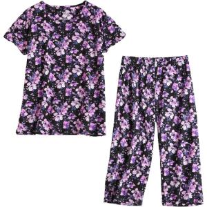 PNAEONG Women’s Pajama Set – Sleepwear Tops with Capri Pants Casual and Fun Prints Pajama Sets SY215-Purple-XL(Midnight Purple Flower)