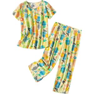 PNAEONG Women’s Pajama Set – Sleepwear Tops with Capri Pants Casual and Fun Prints Pajama Sets SY215-Purple-XL(Pineapple)