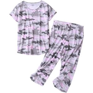 PNAEONG Women’s Pajama Set – Sleepwear Tops with Capri Pants Casual and Fun Prints Pajama Sets SY215-Purple-XL(Pink Camouflage)