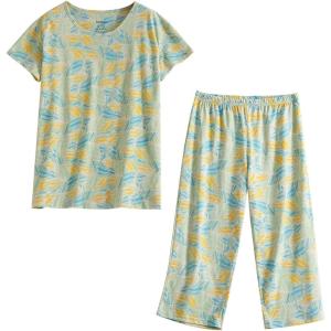 PNAEONG Women’s Pajama Set – Sleepwear Tops with Capri Pants Casual and Fun Prints Pajama Sets SY215-Purple-XL(Yellow Green)