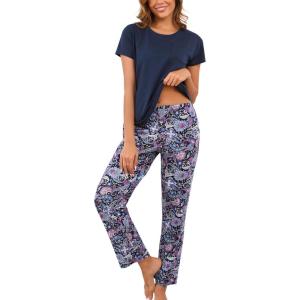 PNAEONG Womens Pajama Sets Cotton Lounge Sets for Women Short Sleeve Top With Pants 2 Piece pj sets With Pocket(C Blue Paisley)