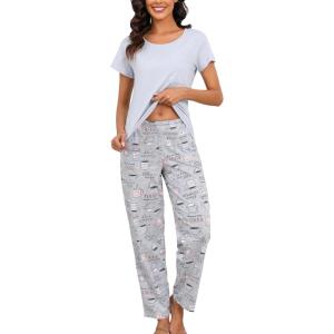 PNAEONG Womens Pajama Sets Cotton Lounge Sets for Women Short Sleeve Top With Pants 2 Piece pj sets With Pocket(C Coffee)