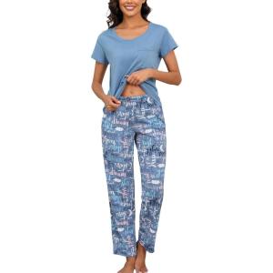 PNAEONG Womens Pajama Sets Cotton Lounge Sets for Women Short Sleeve Top With Pants 2 Piece pj sets With Pocket(C Good Night)
