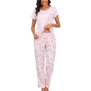 PNAEONG Womens Pajama Sets Cotton Lounge Sets for Women Short Sleeve Top With Pants 2 Piece pj sets With Pocket(C Pink)
