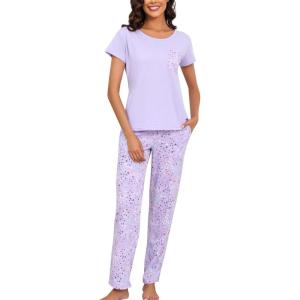 PNAEONG Womens Pajama Sets Cotton Lounge Sets for Women Short Sleeve Top With Pants 2 Piece pj sets With Pocket(C Purple)